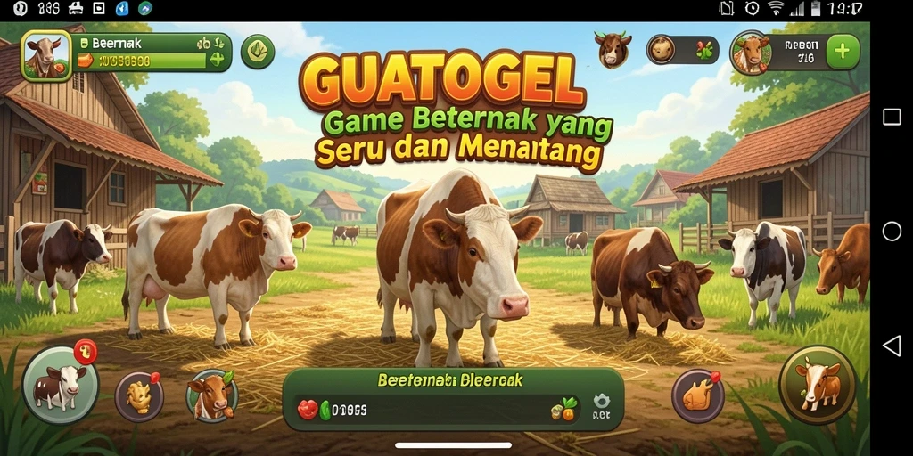 Screenshot GUATOGEL menampilkan antarmuka peternakan yang indah dan interaktif.