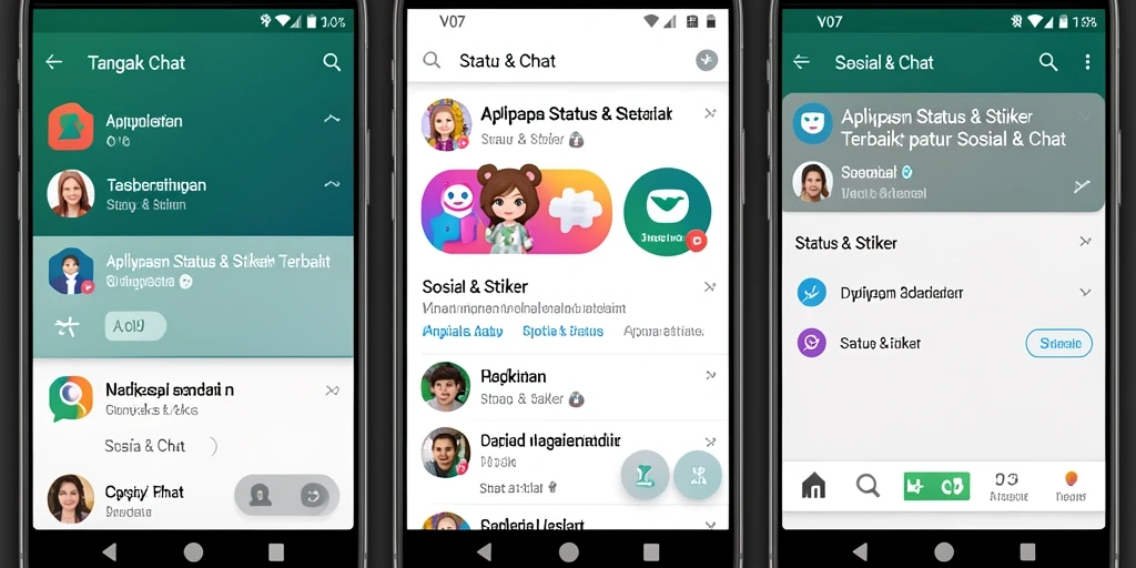 Antarmuka V07 menampilkan berbagai pilihan stiker dan status yang menarik.